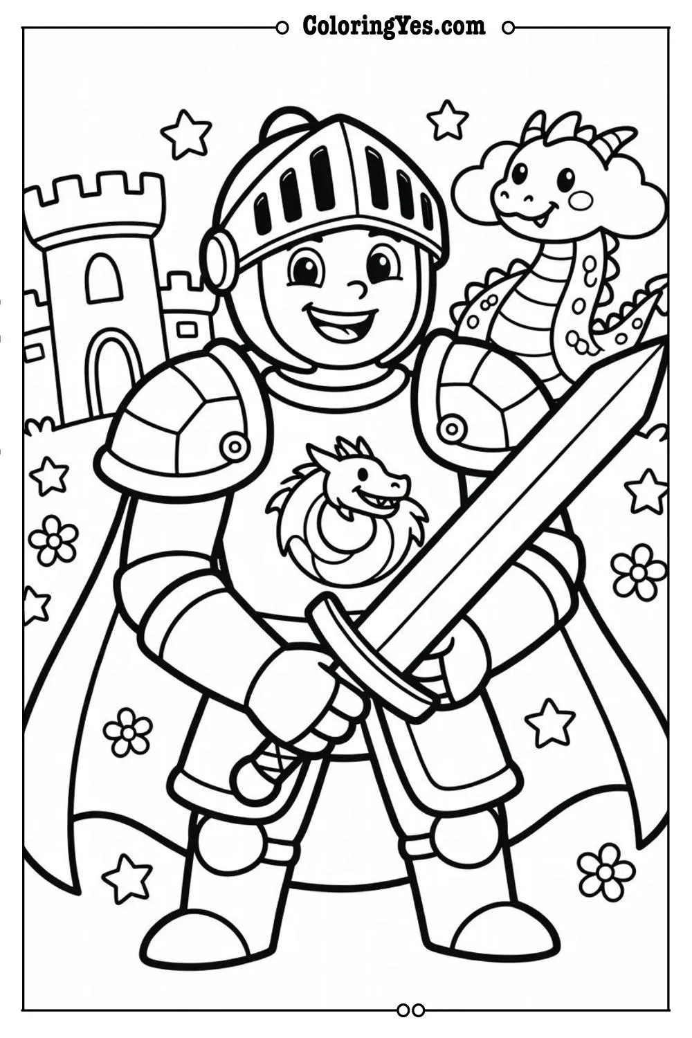 fantasy knight coloring page detailed line art
