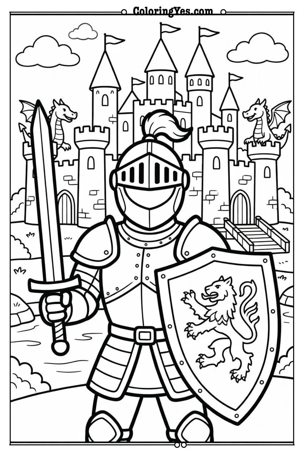 knight and castle coloring page background scene