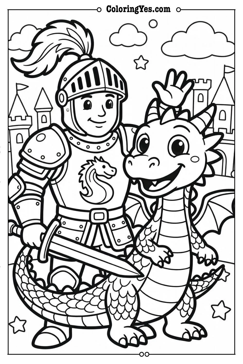 knight and dragon coloring page scene