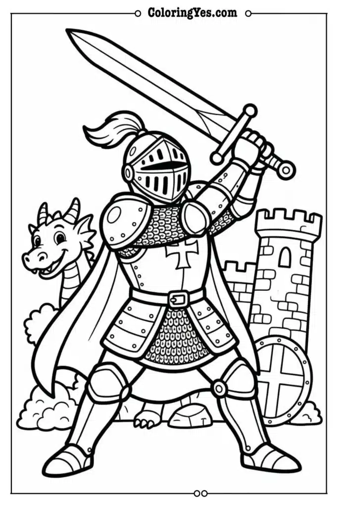 knight battle coloring page action pose