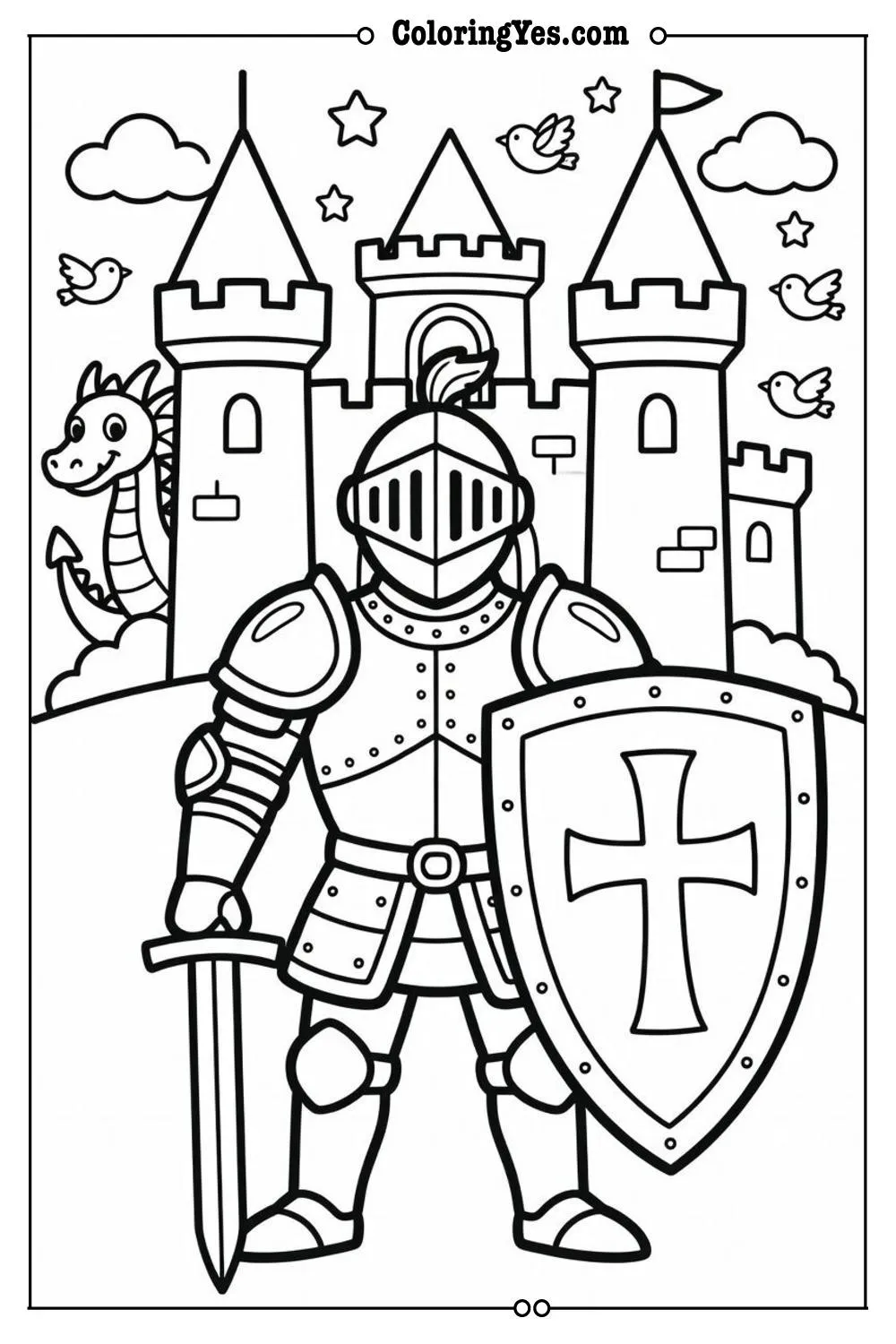 knight guarding castle coloring page scene