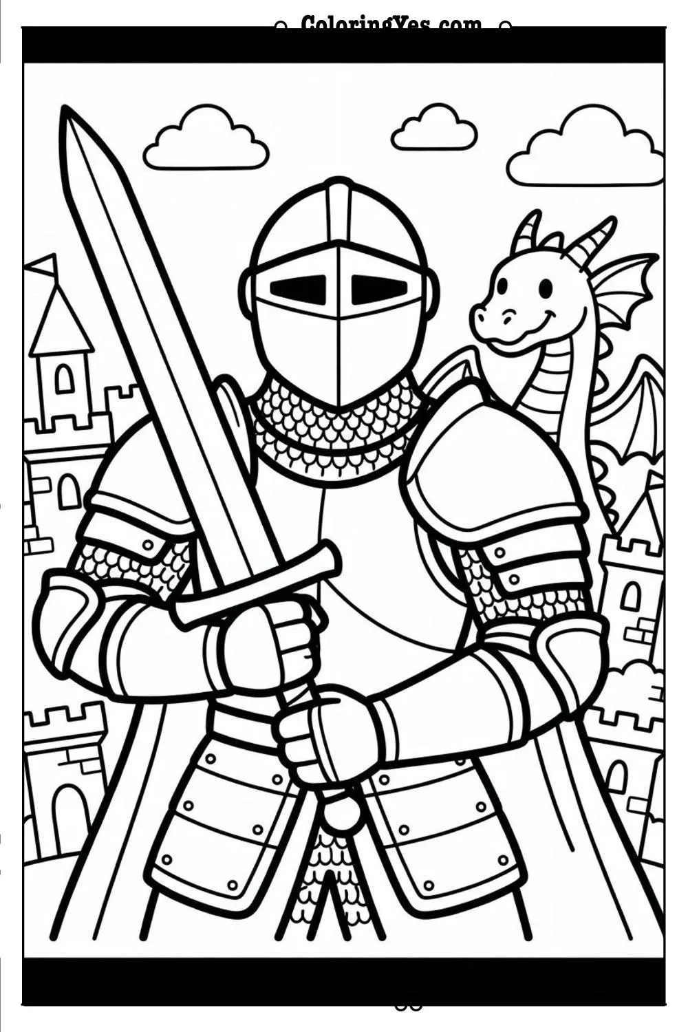 knight with sword coloring page simple line art