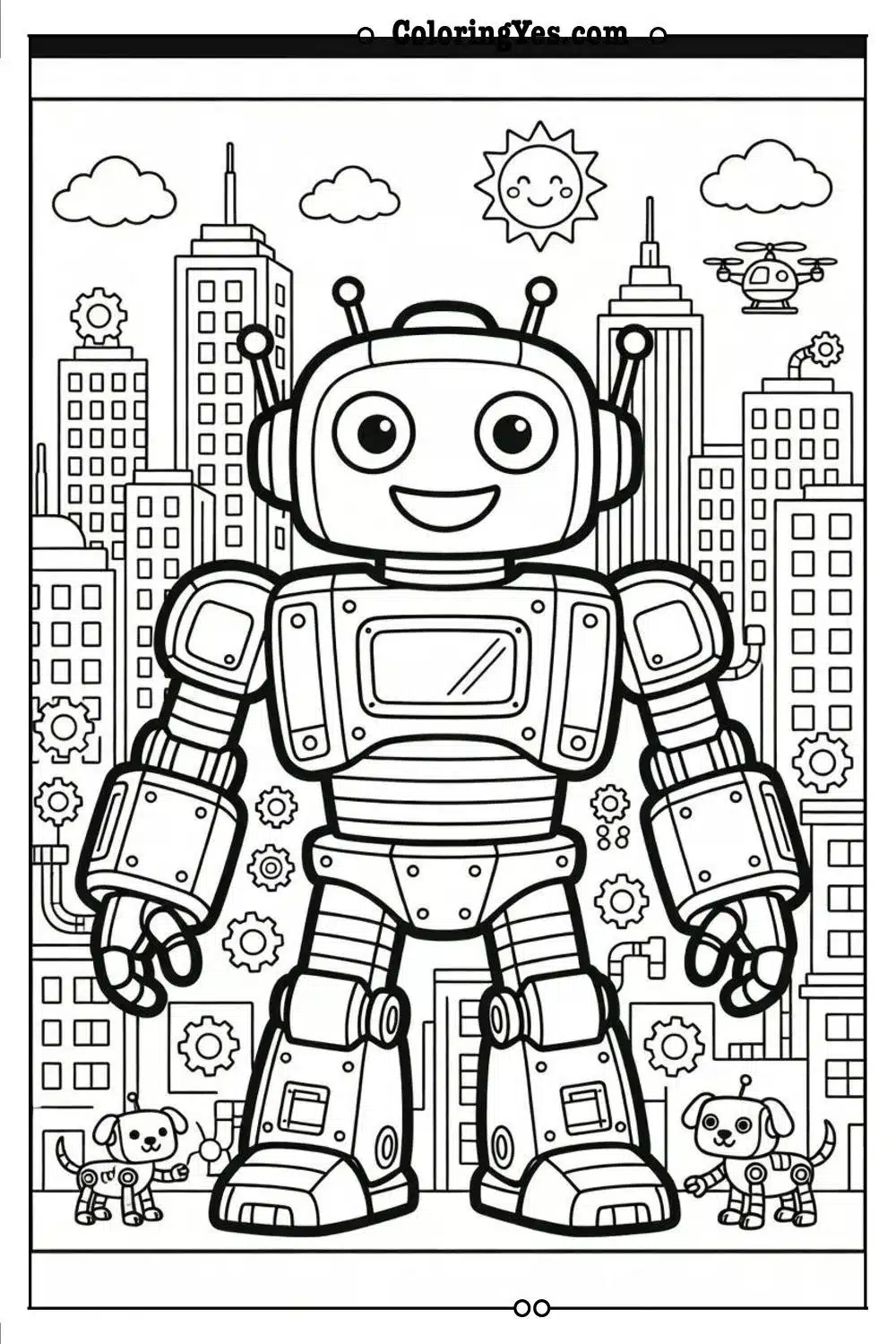 robot and city coloring page background scene