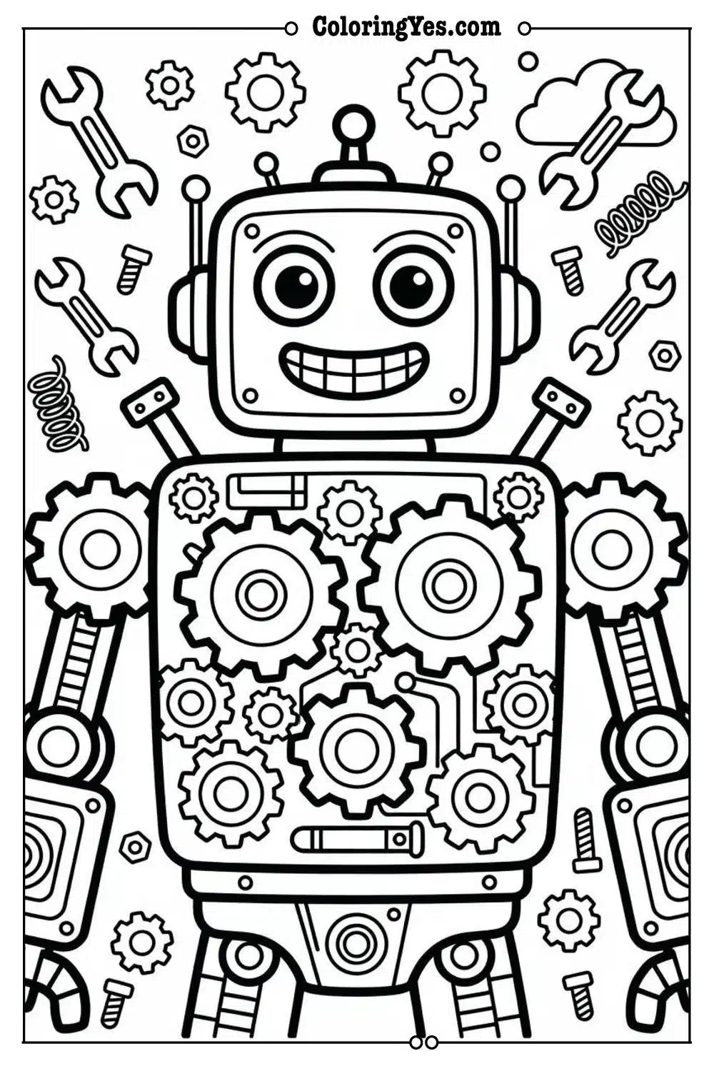 robot with gears coloring page mechanical design