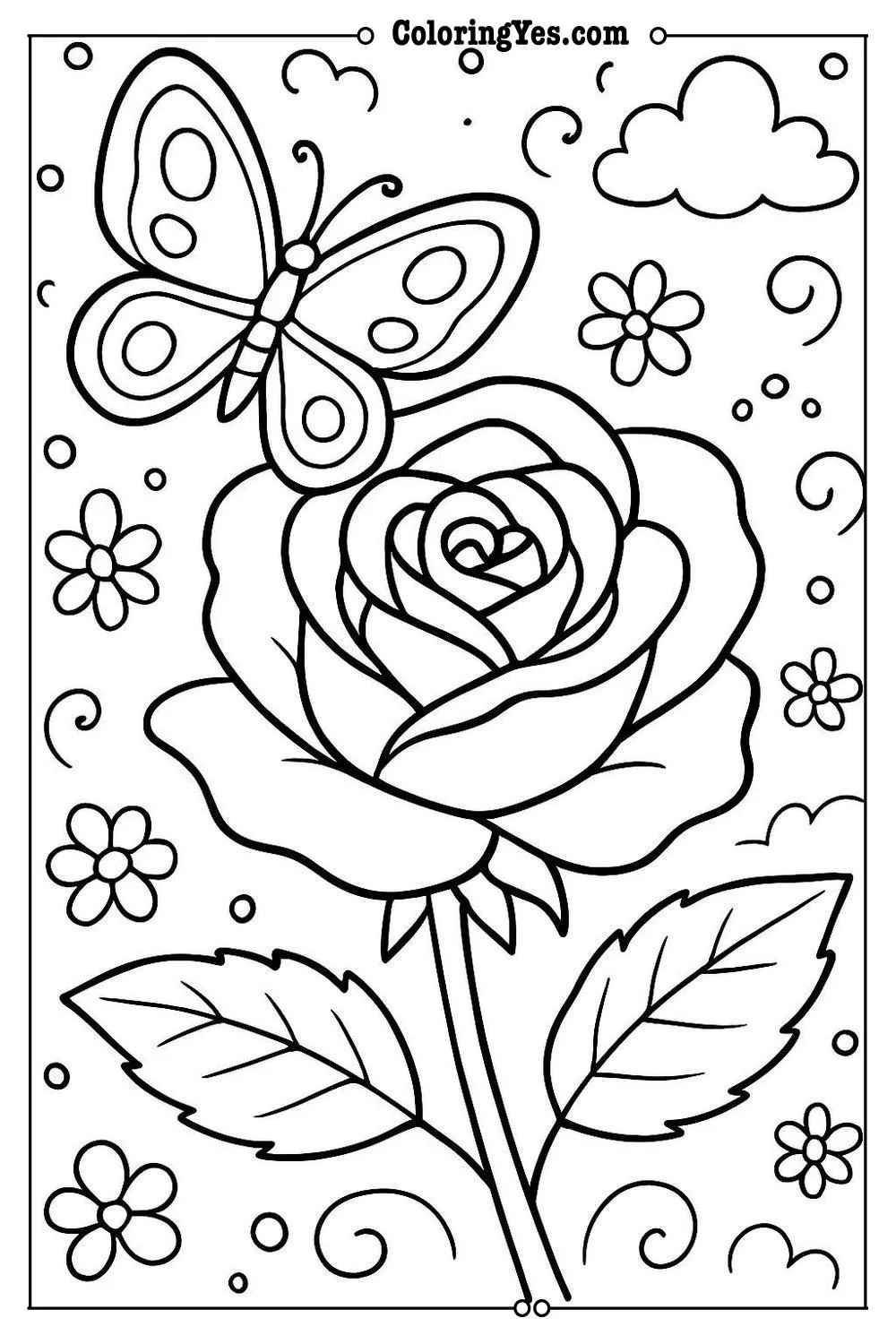 rose and butterfly coloring page