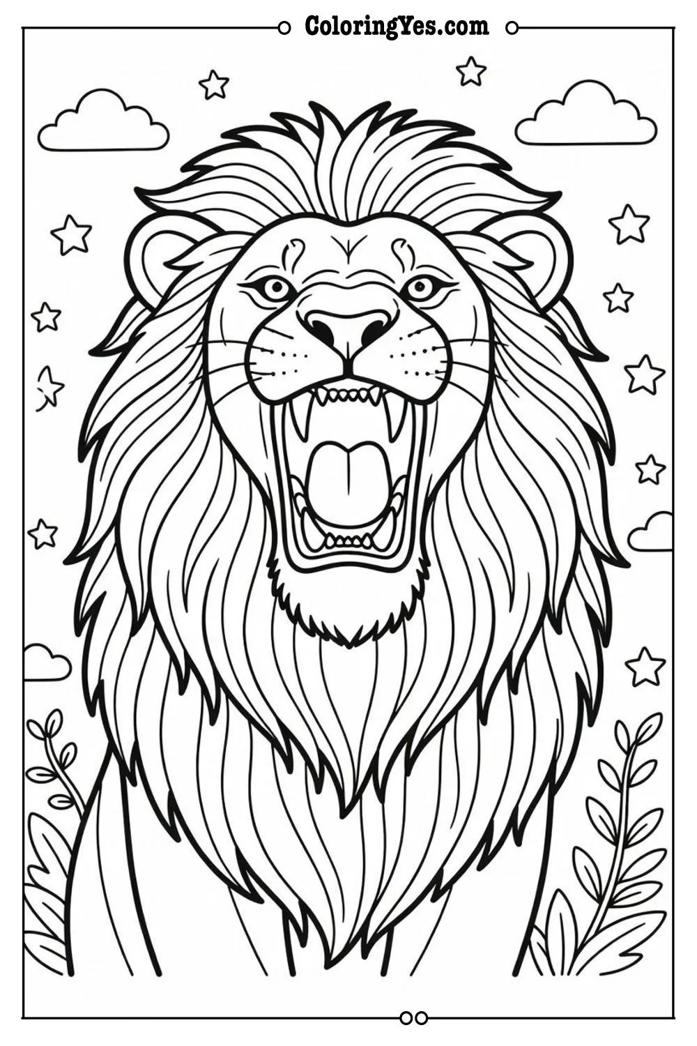 lion roaring coloring page detailed