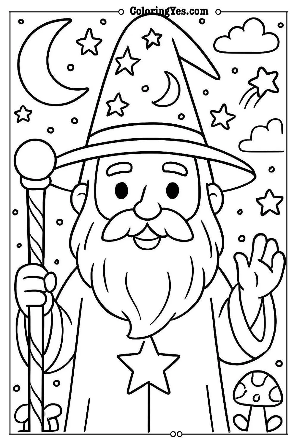 fantasy wizard coloring page detailed