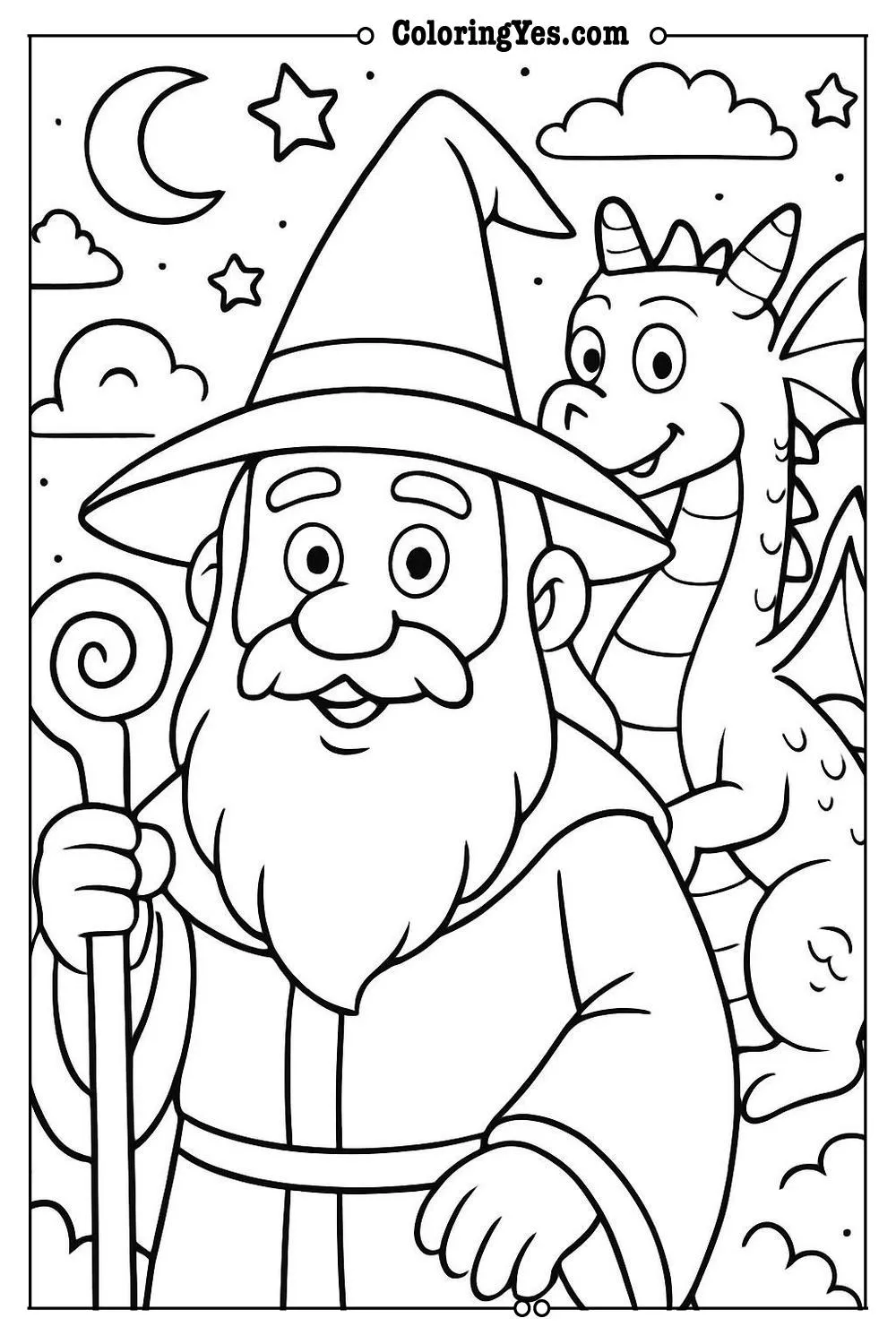 wizard and dragon coloring page scene