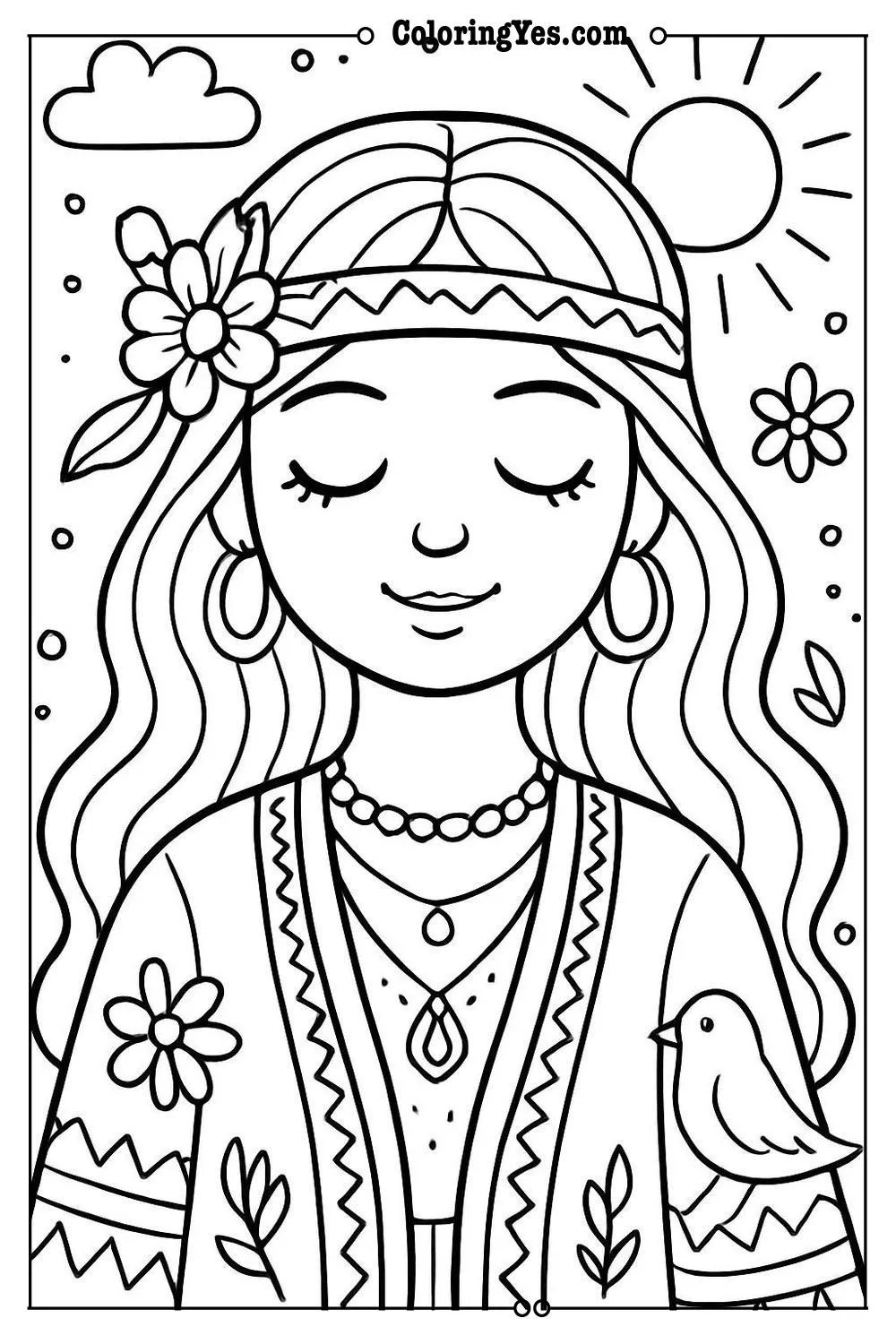 boho woman coloring page