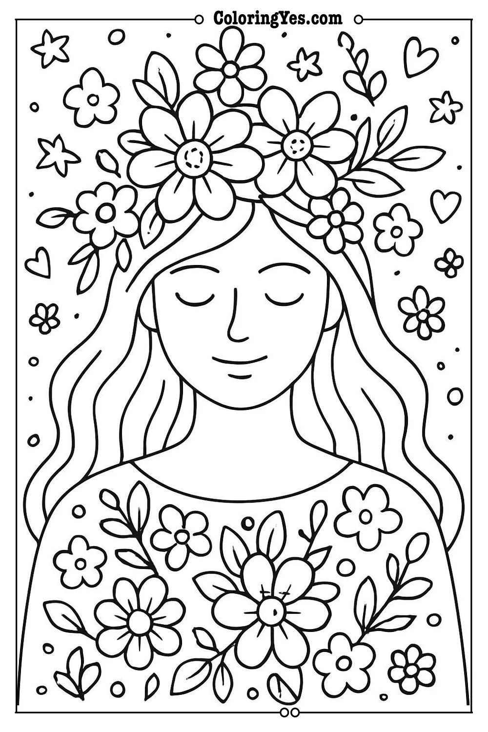 floral woman coloring page