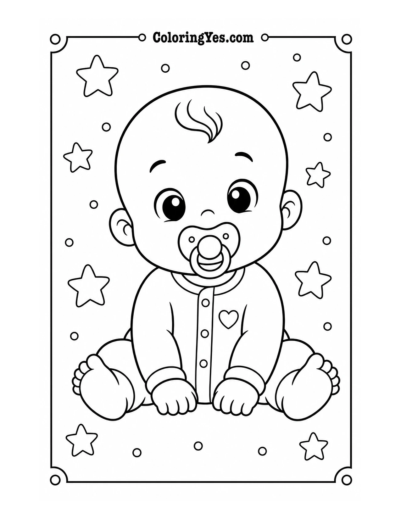 Baby with pacifier stars coloring page