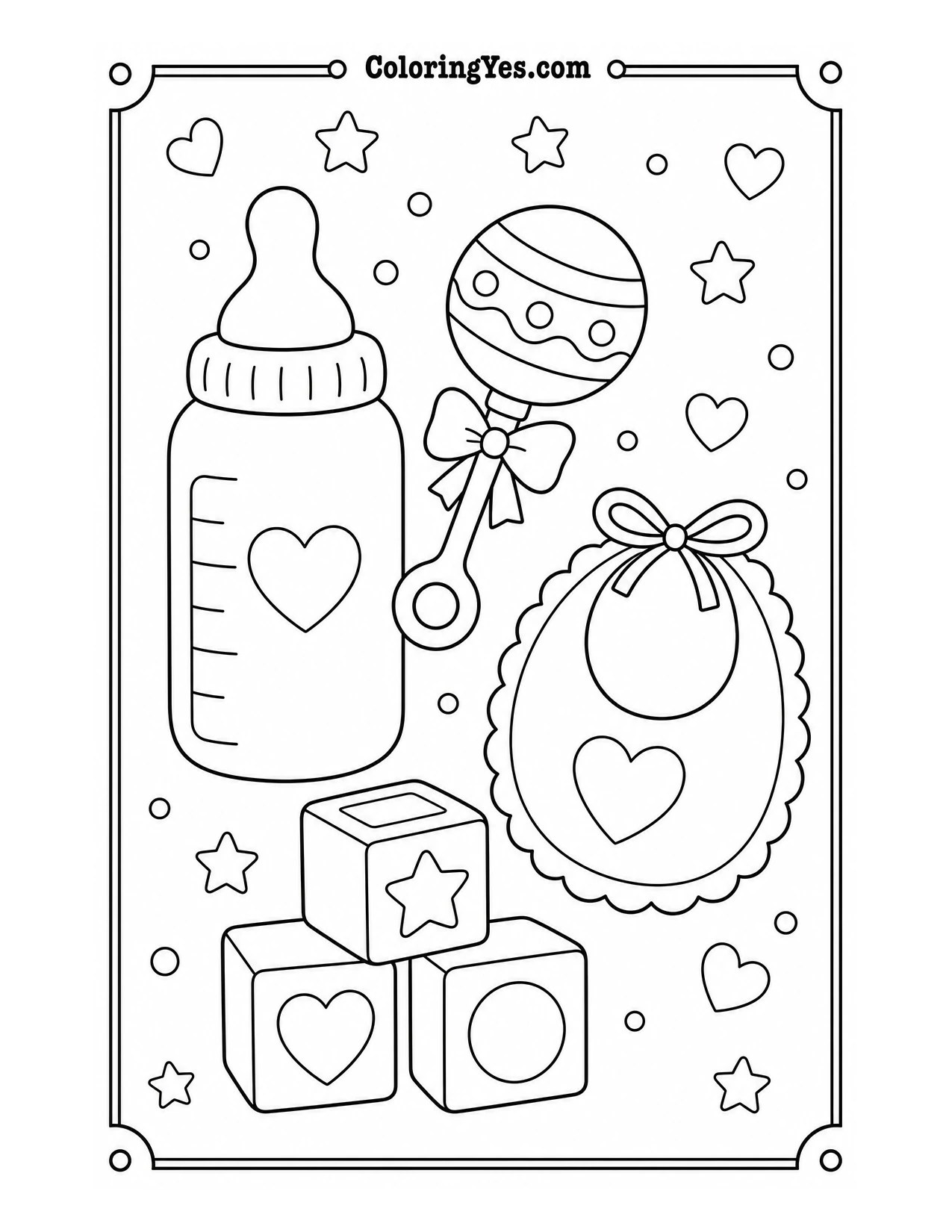 Baby bottle rattle and bib coloring page