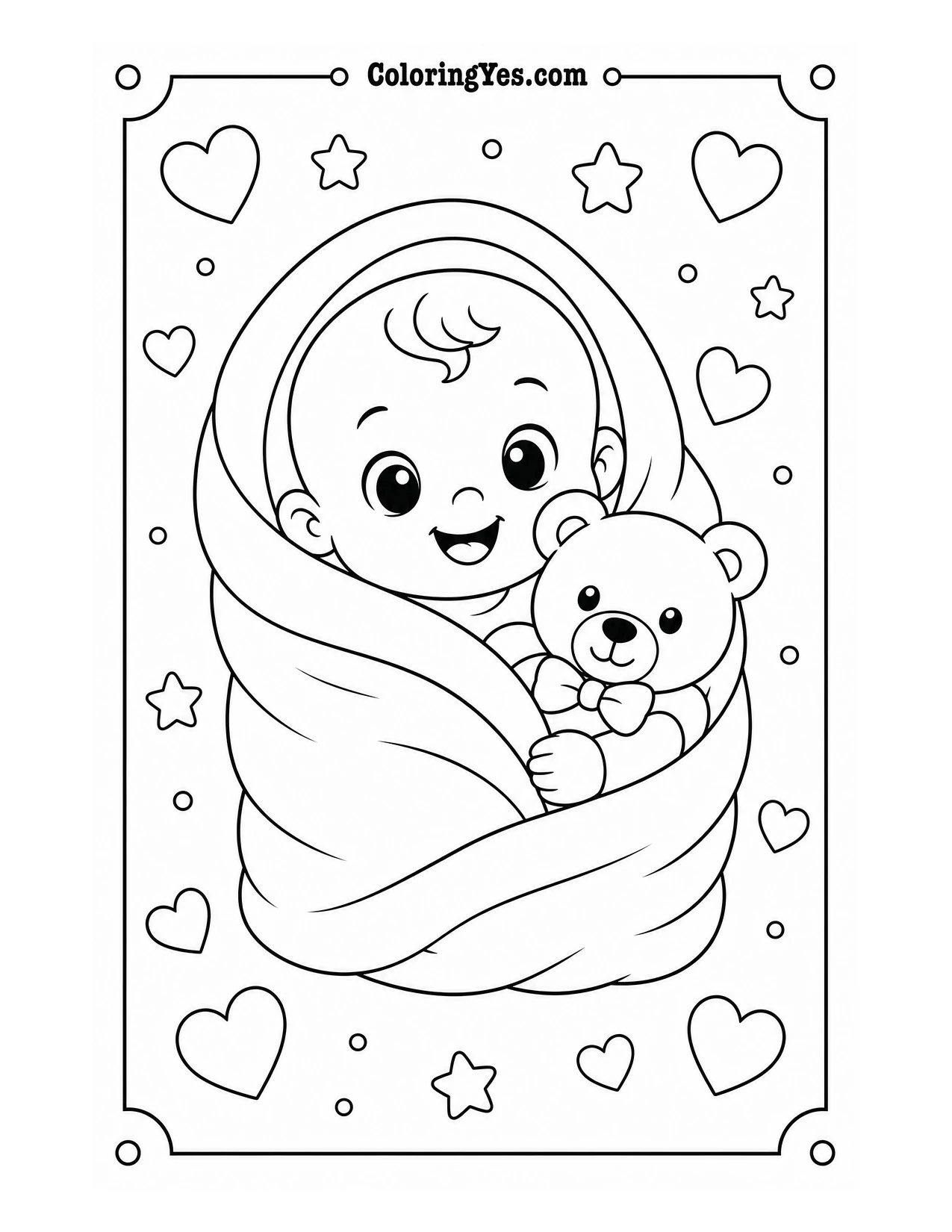 Baby in blanket with teddy coloring page