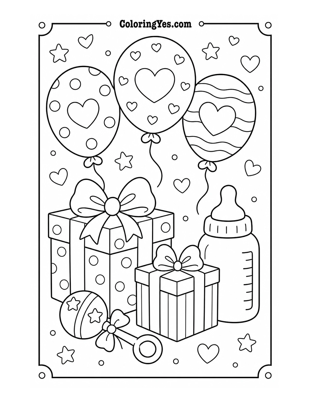 Baby shower gifts and balloons coloring page