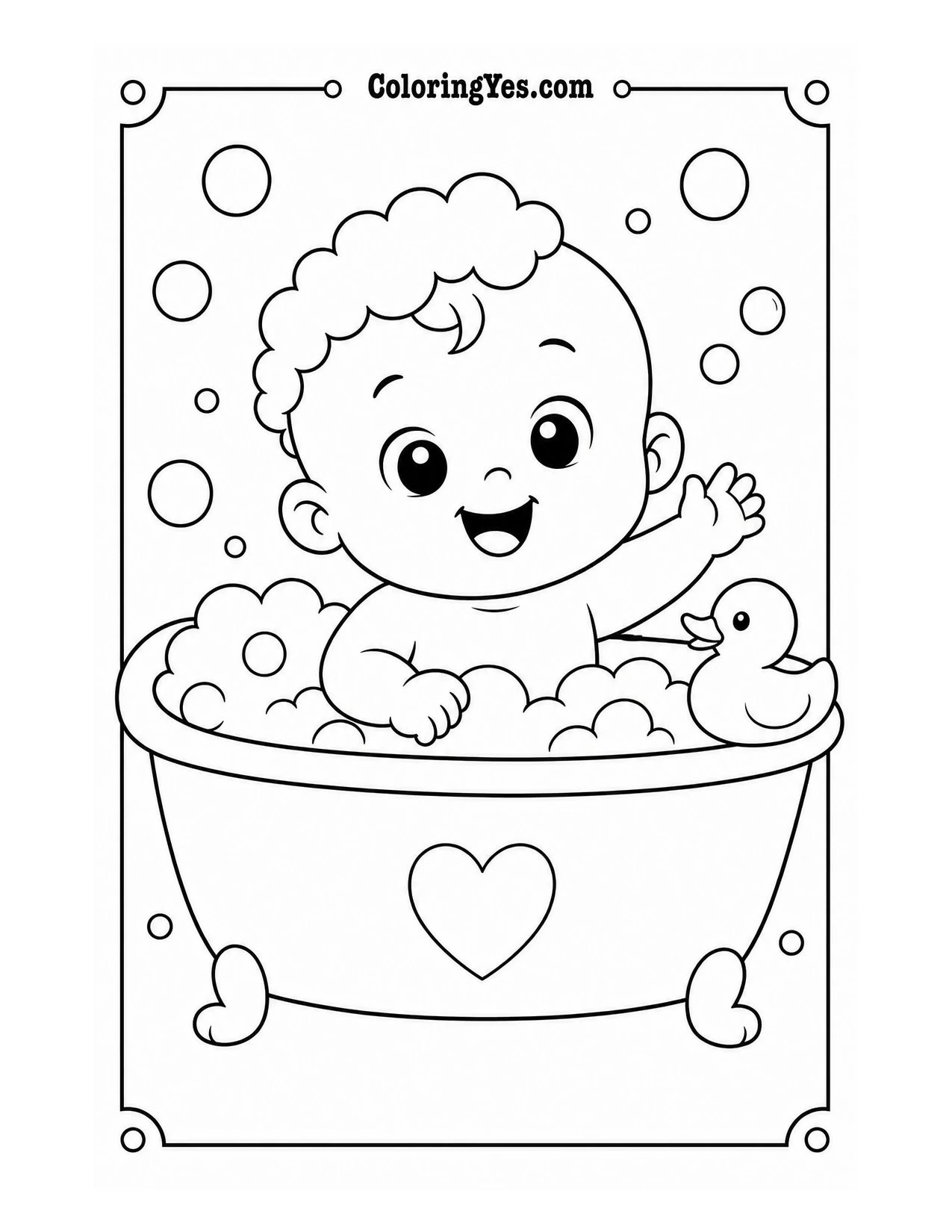 Baby bath time rubber duck coloring page