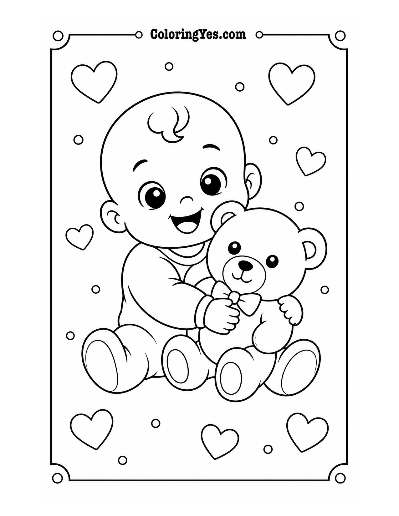Baby hugging teddy bear coloring page