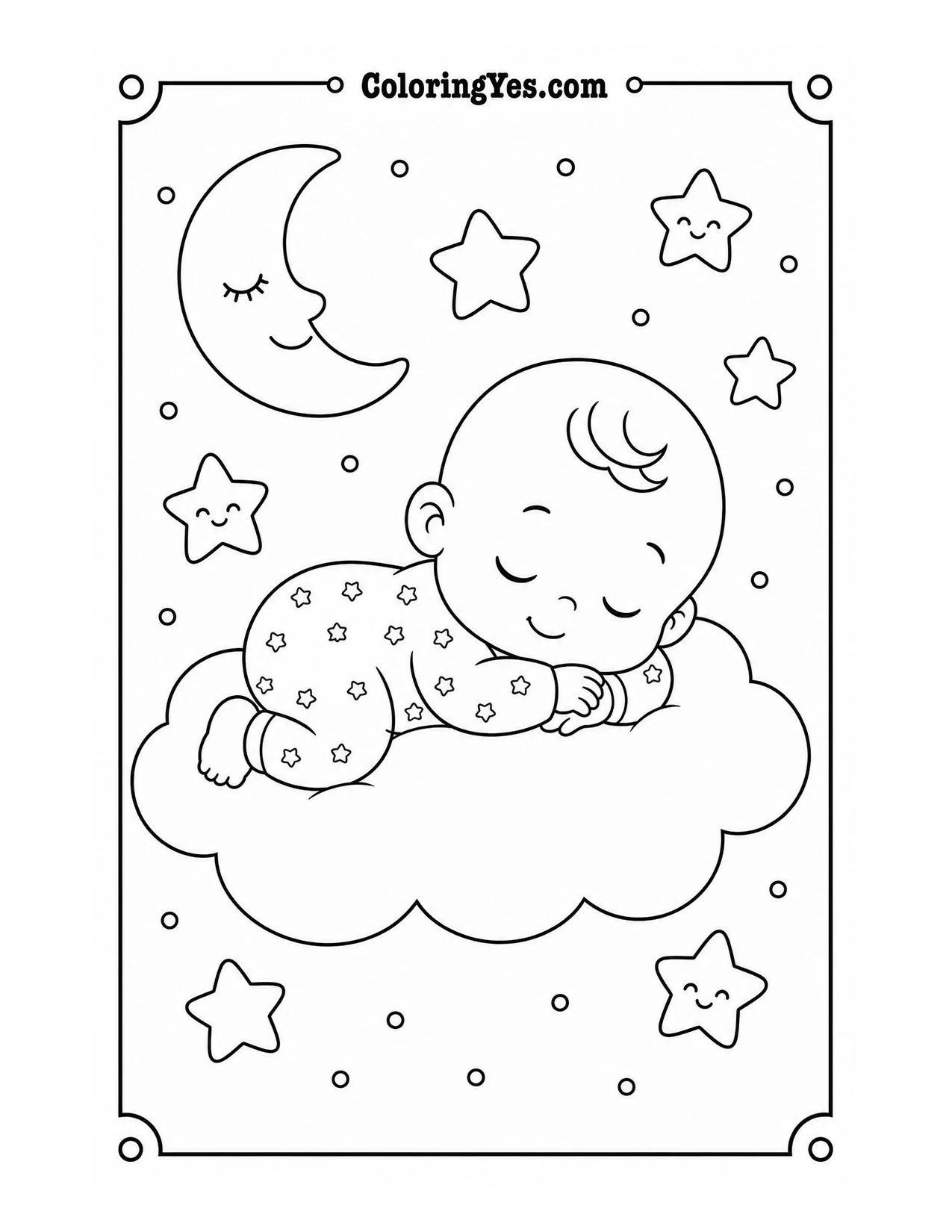 Baby sleeping on cloud coloring page