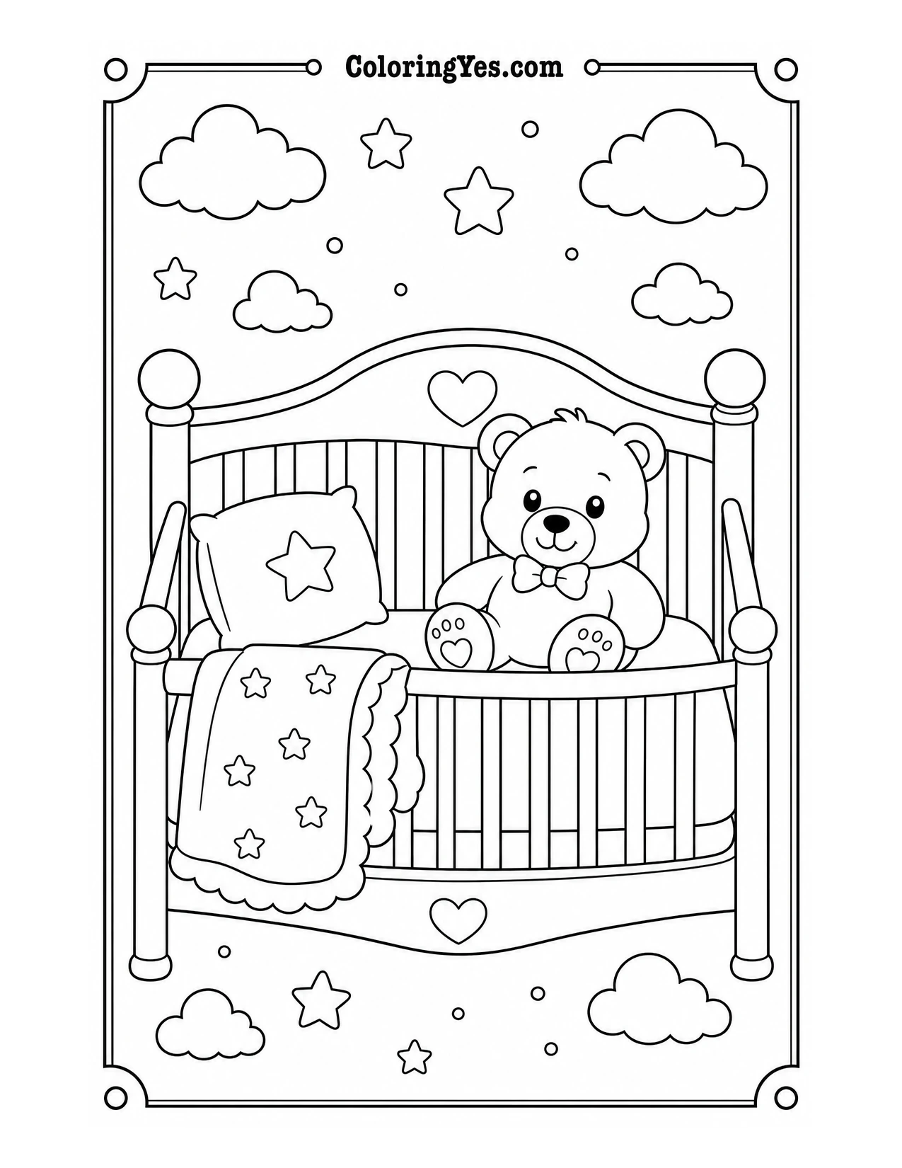 Baby crib with teddy coloring page