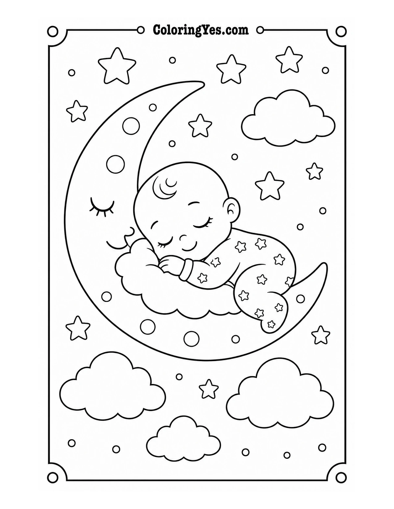 Baby sleeping on crescent moon coloring page