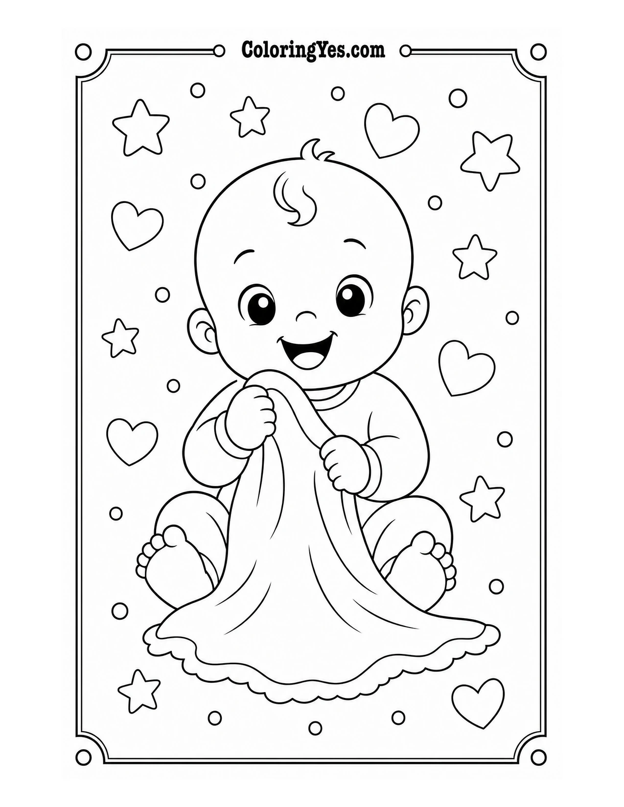 Smiling baby with blanket coloring page