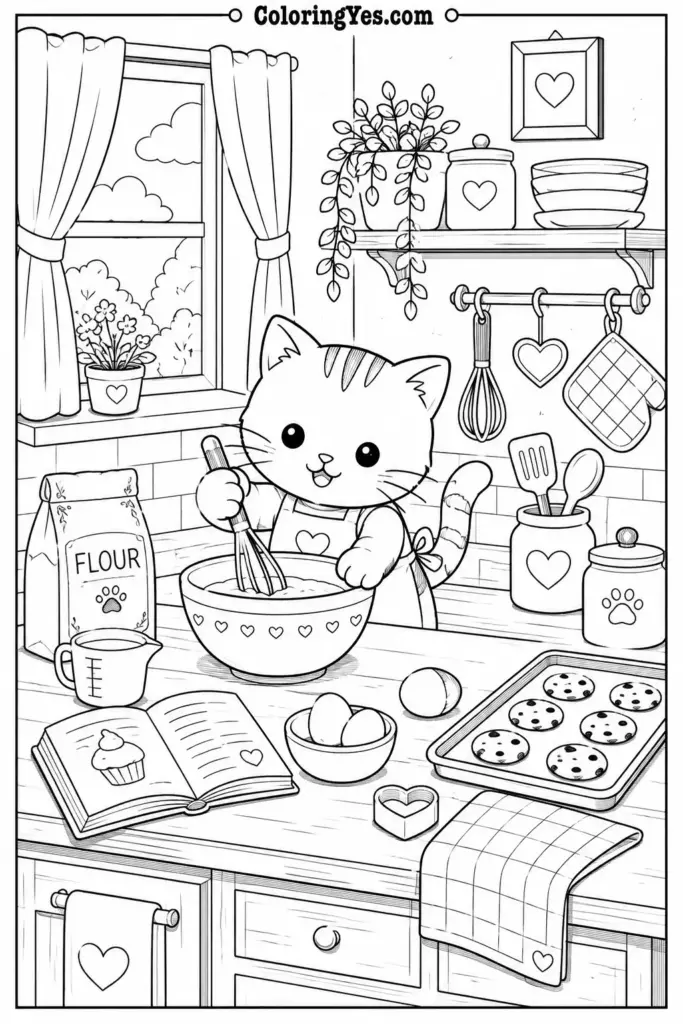 Cozy Cat Baking Kitchen Coloring Page