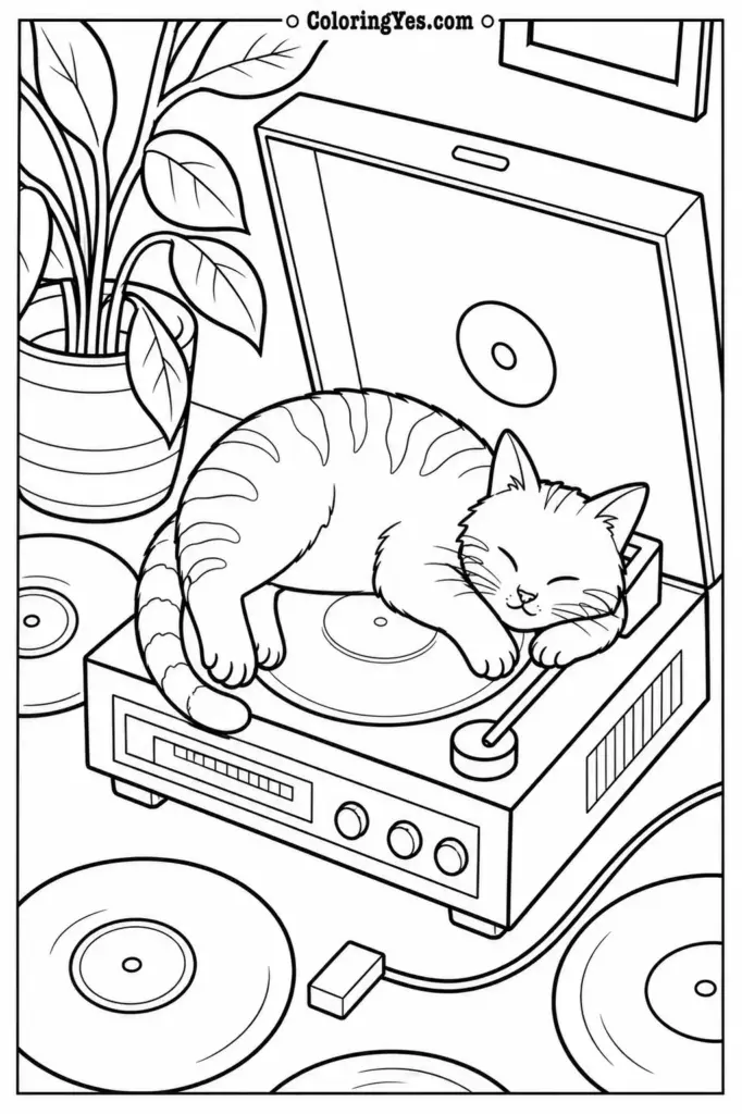 Cozy Cat on a Vintage Turntable