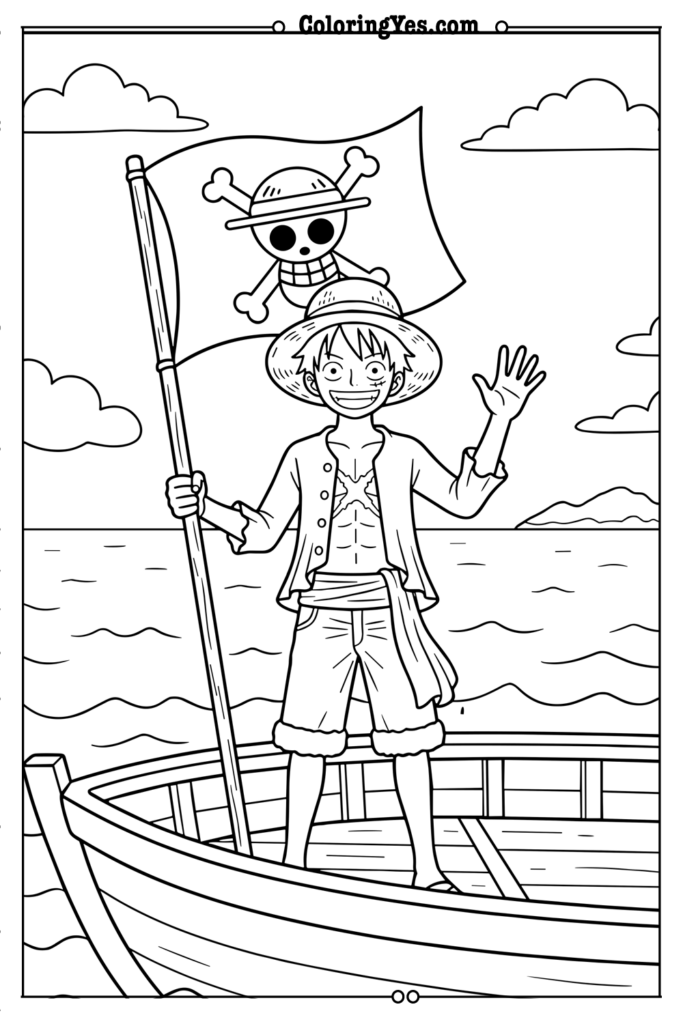 Luffy Holding Straw Hat Pirates Flag.png-Coloringyes.com
