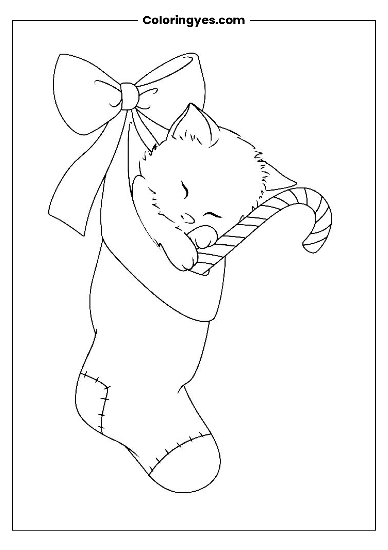 Cat in a Stocking with a Candy Cane Coloring Page