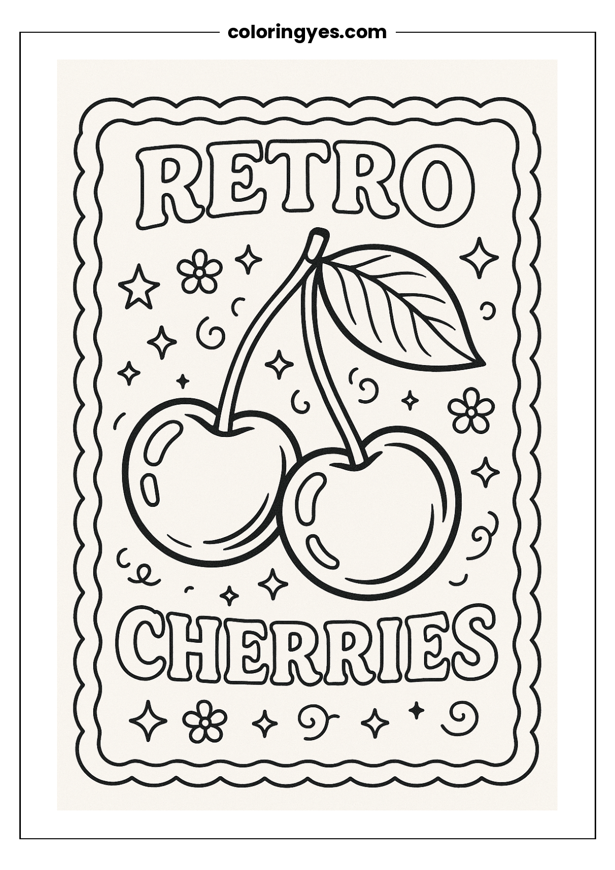 Cherries Cozy Coloring Page: Free Printable Black-and-White Sheet