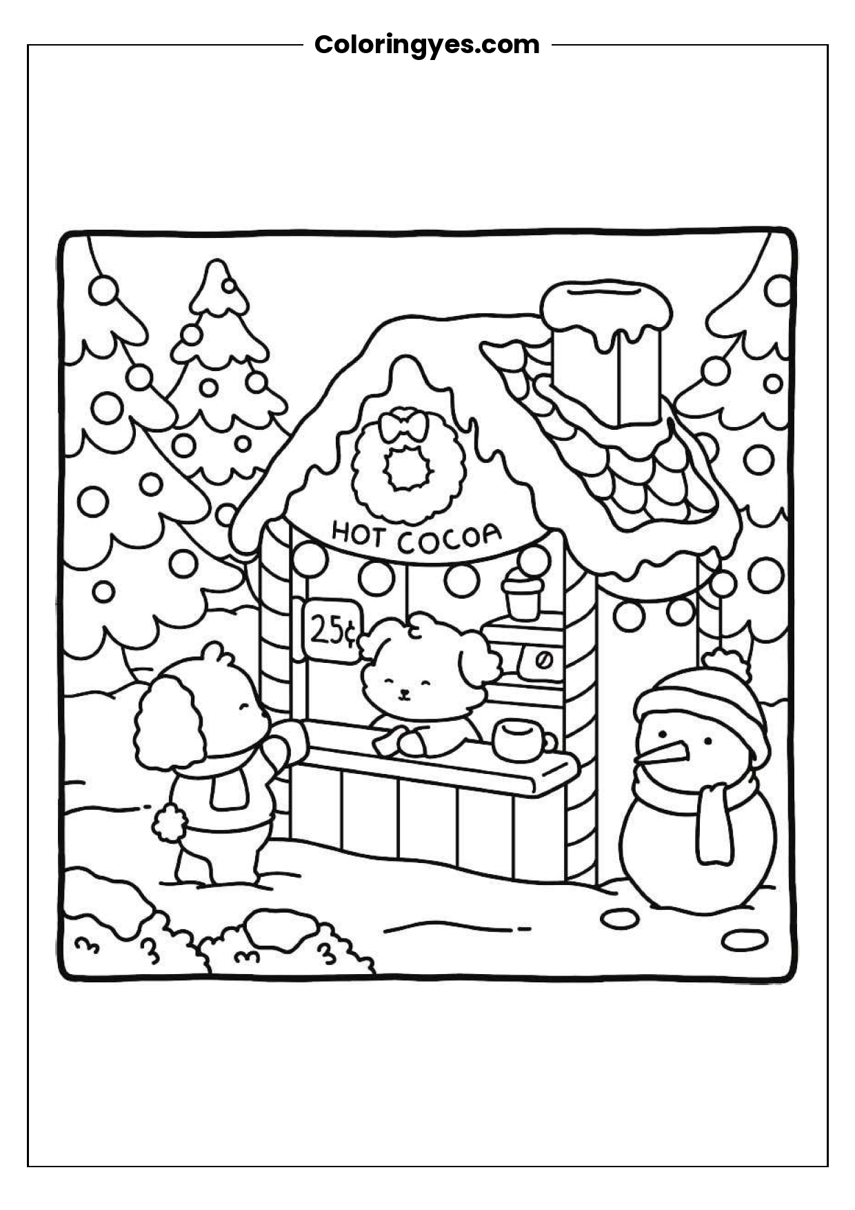 Free Printable Black-and-White Christmas Scene Coloring Page