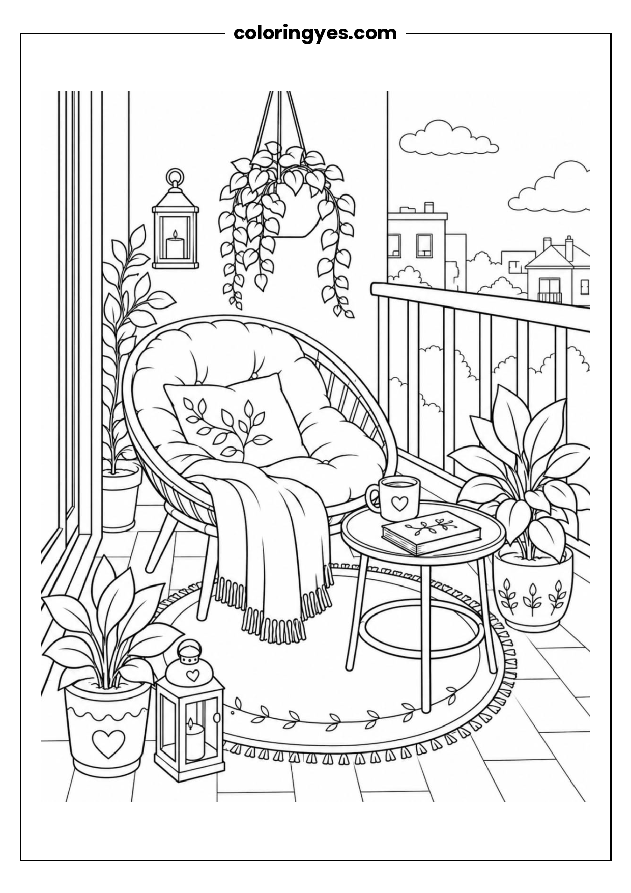 Free Printable Black and White Coloring Page: Chair on a Balcony