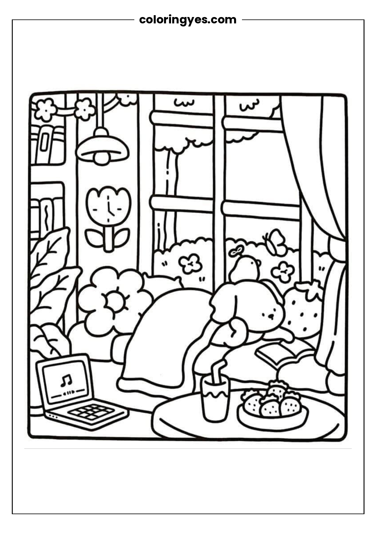 Free Printable Black-and-White Coloring Page: Woman With Laptop in Her Living Room