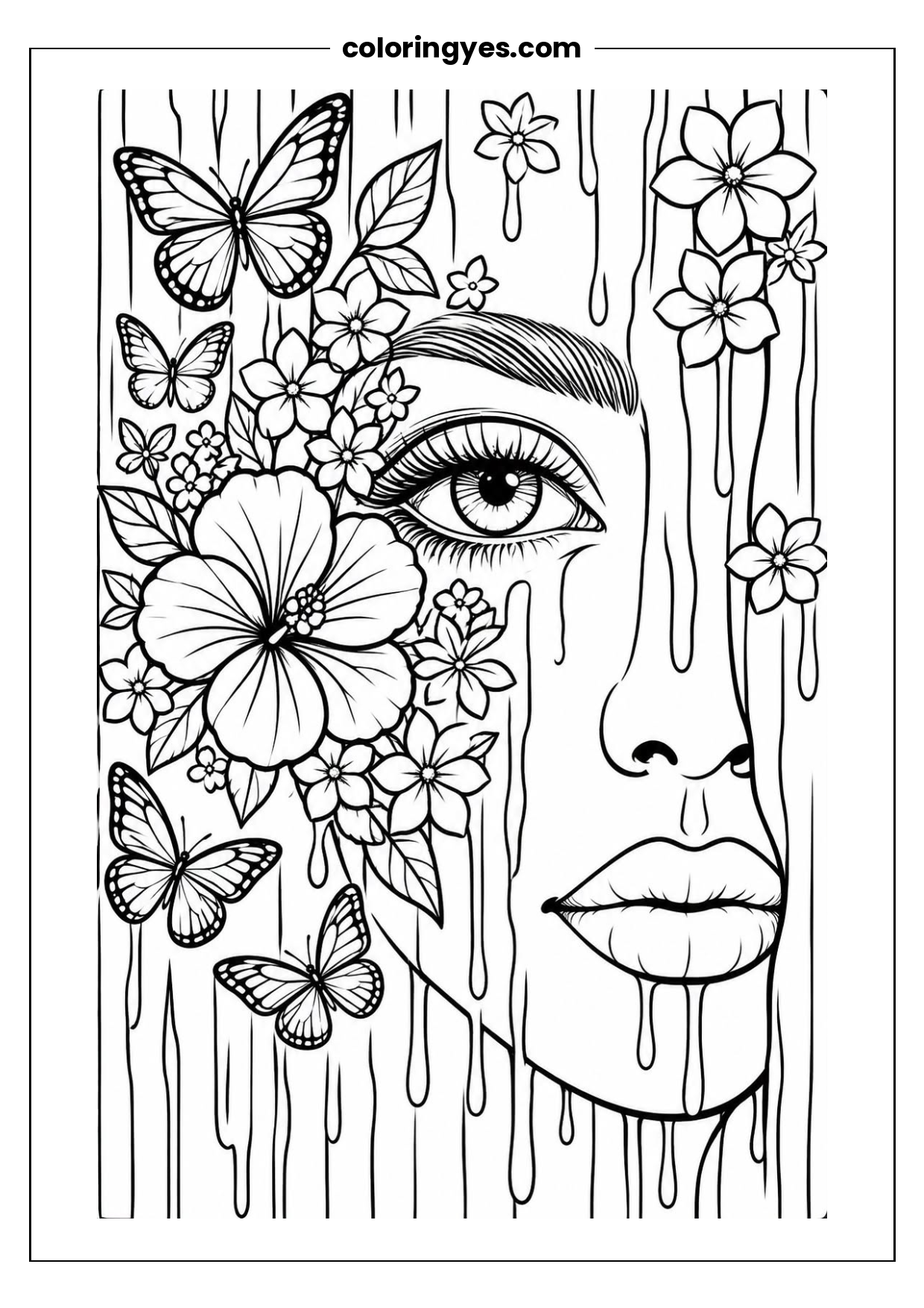 Free Printable Coloring Page: Woman with Flowers and Butterflies