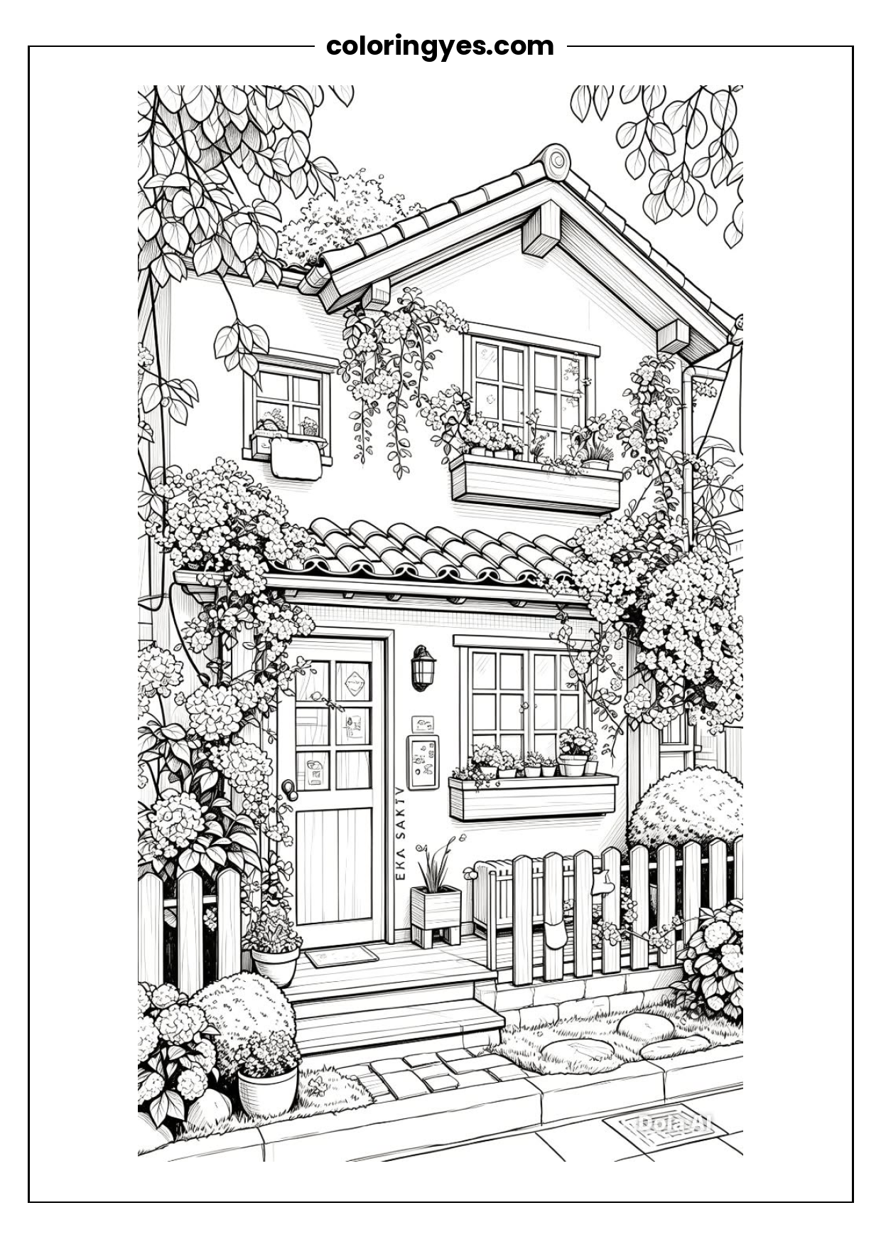 Free Printable House with Flowers Coloring Page