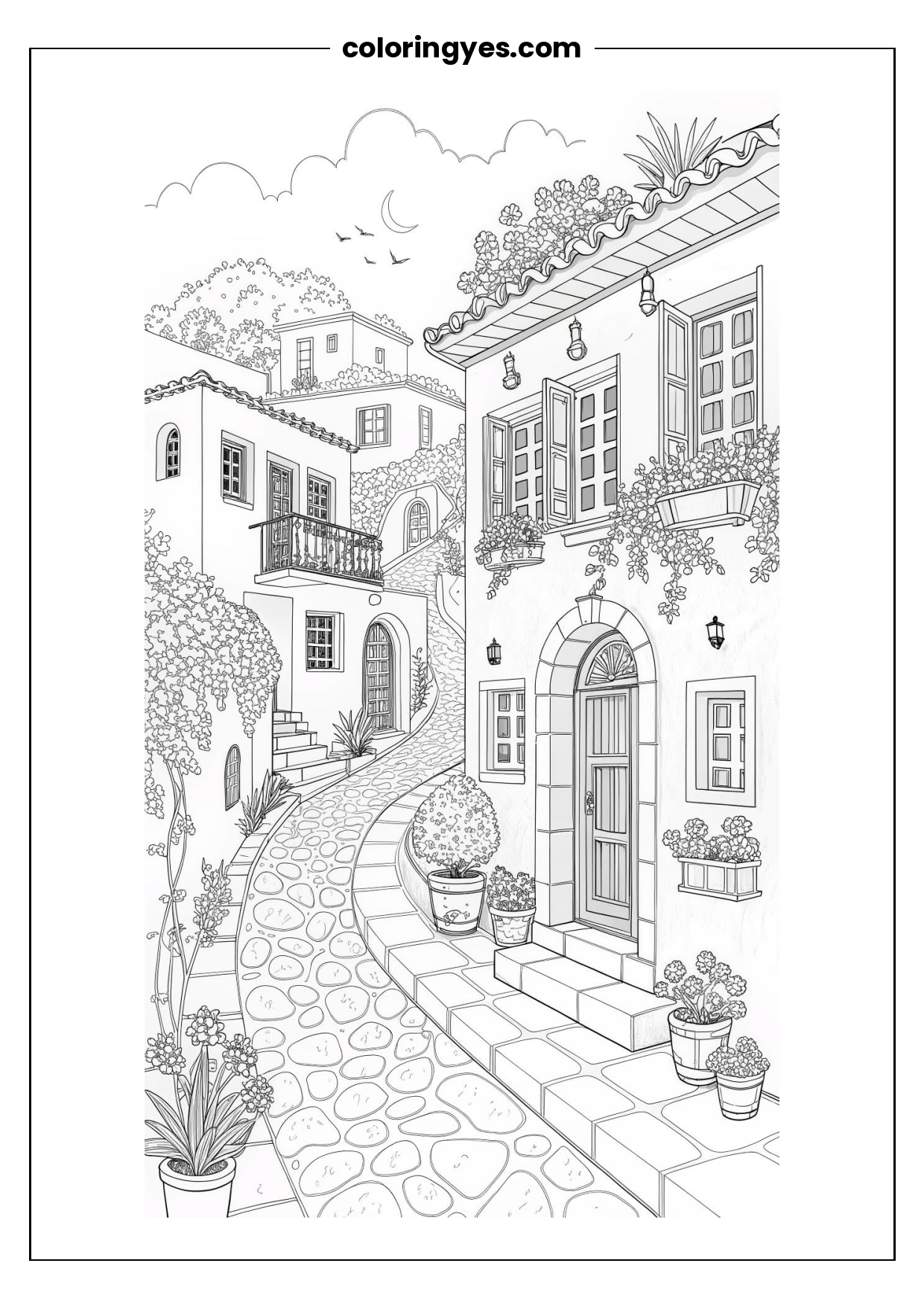 Free Printable House with Potted Plants Coloring Page