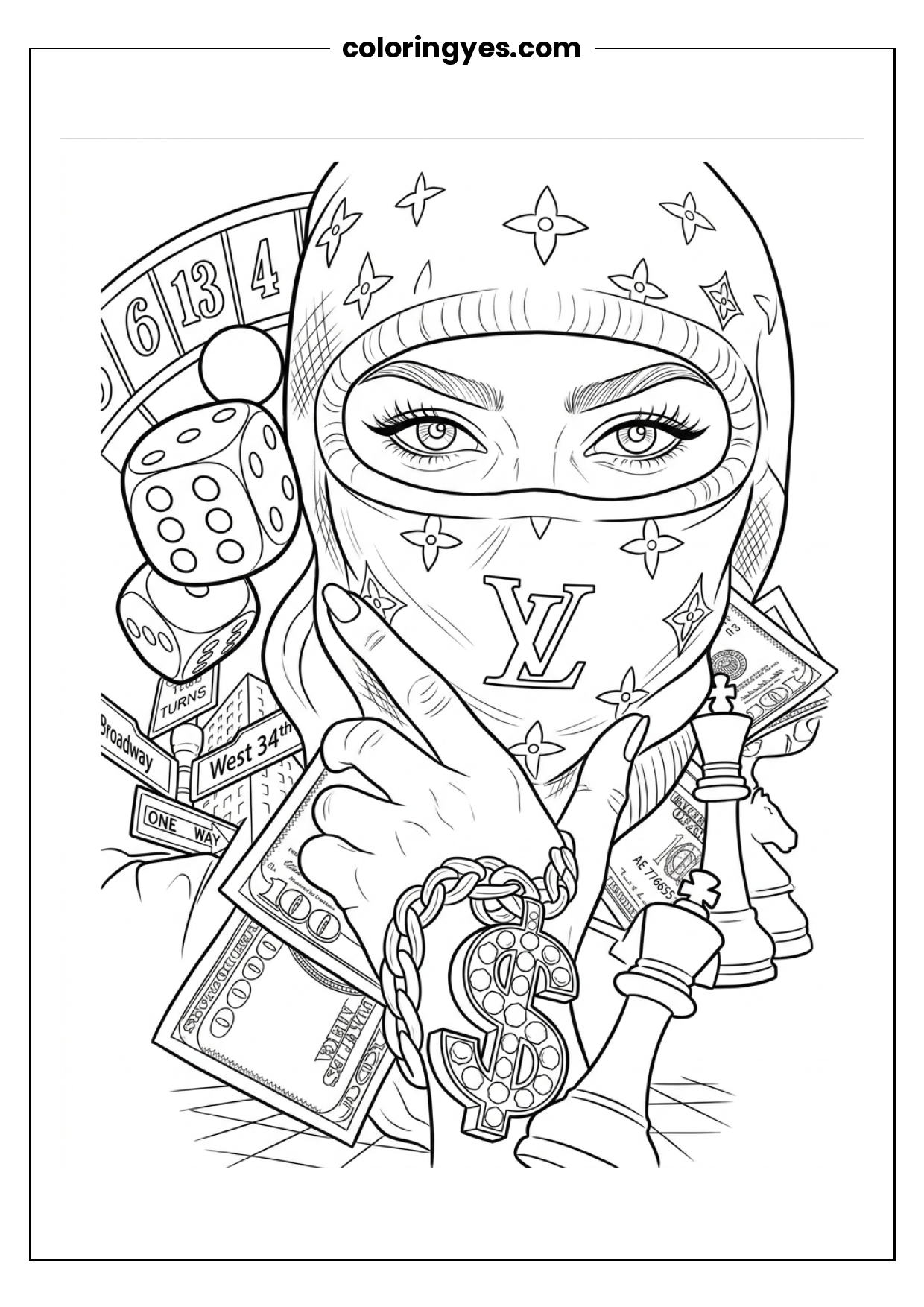 Free Printable Masked Woman with Money Coloring Page