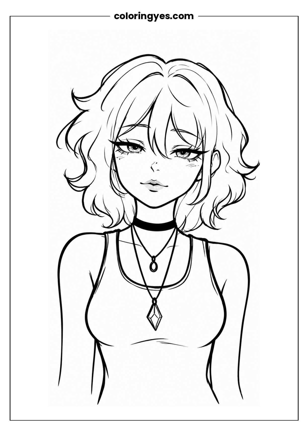 Printable Coloring Page: Girl with Long Hair and Necklace
