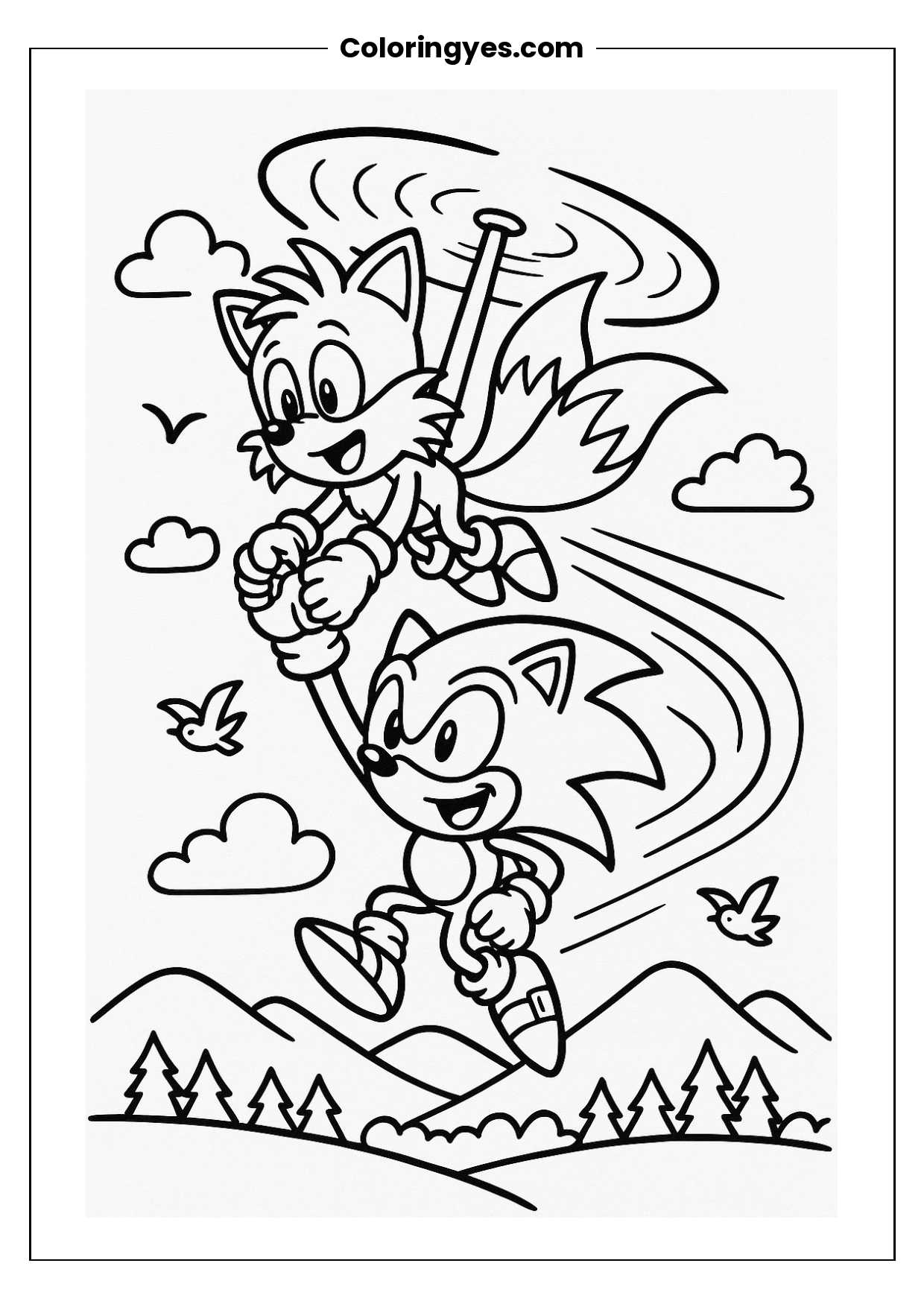 Sonic and Tails Flying Adventure Coloring Page