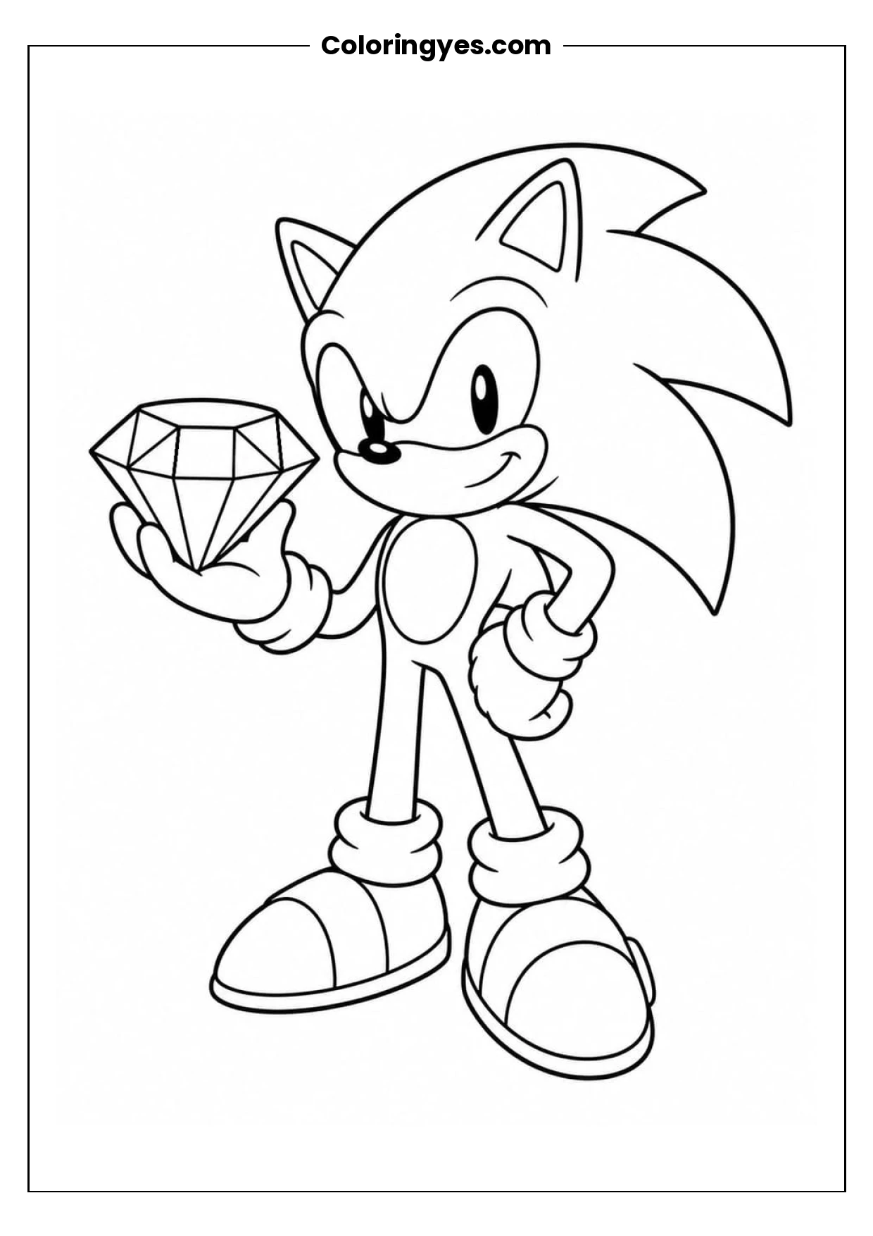 Sonic with a Diamond Coloring Page: Free Black-and-White