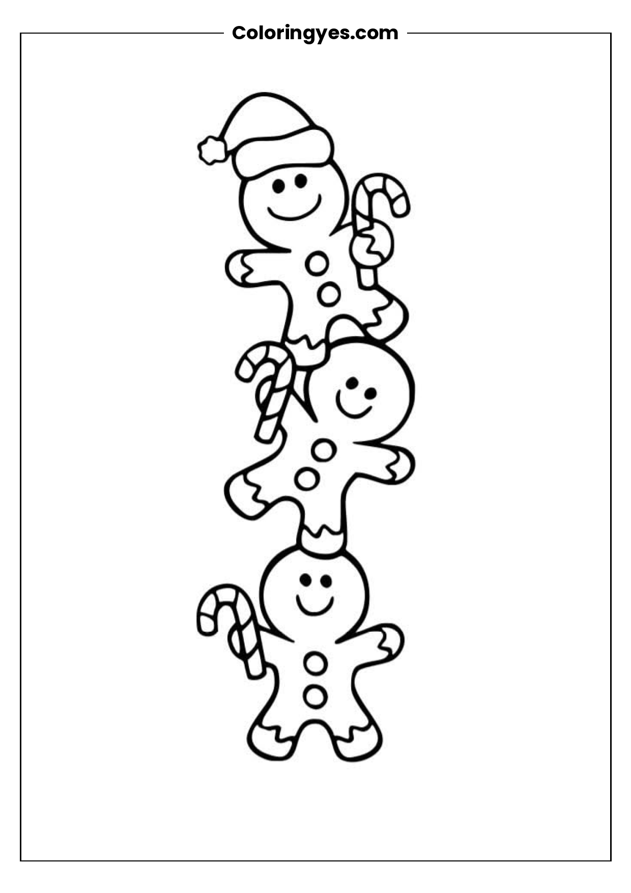 Three Gingerbread Men with Candy Canes Coloring Page
