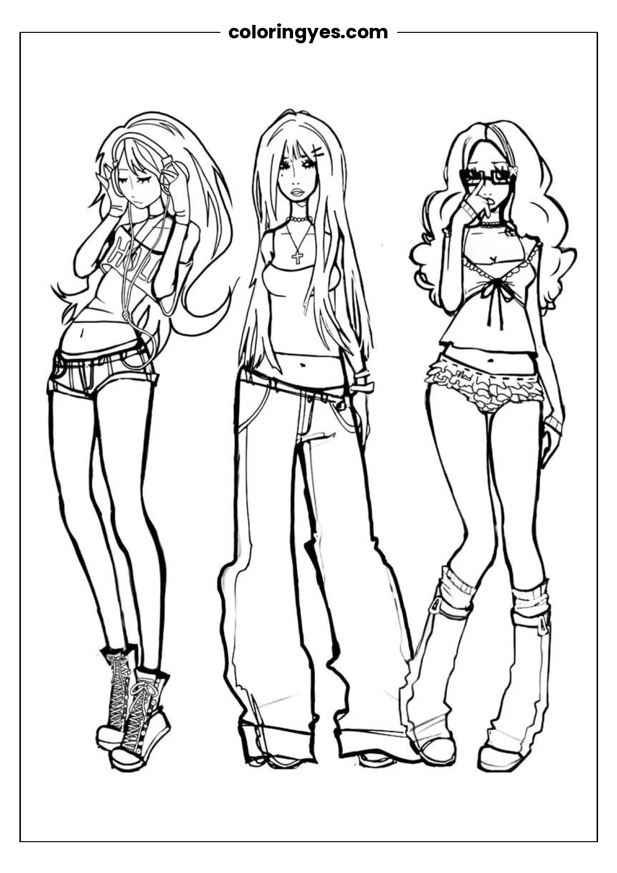 Three Girls with Long Hair Coloring Page: A Printable Activity