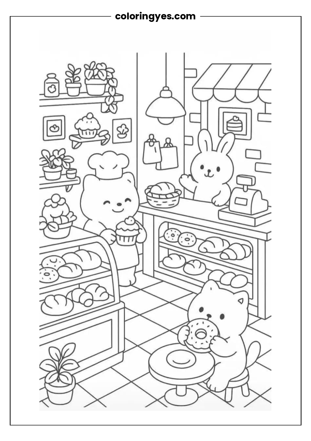 Two Bears in a Bakery Coloring Page: Free Printable